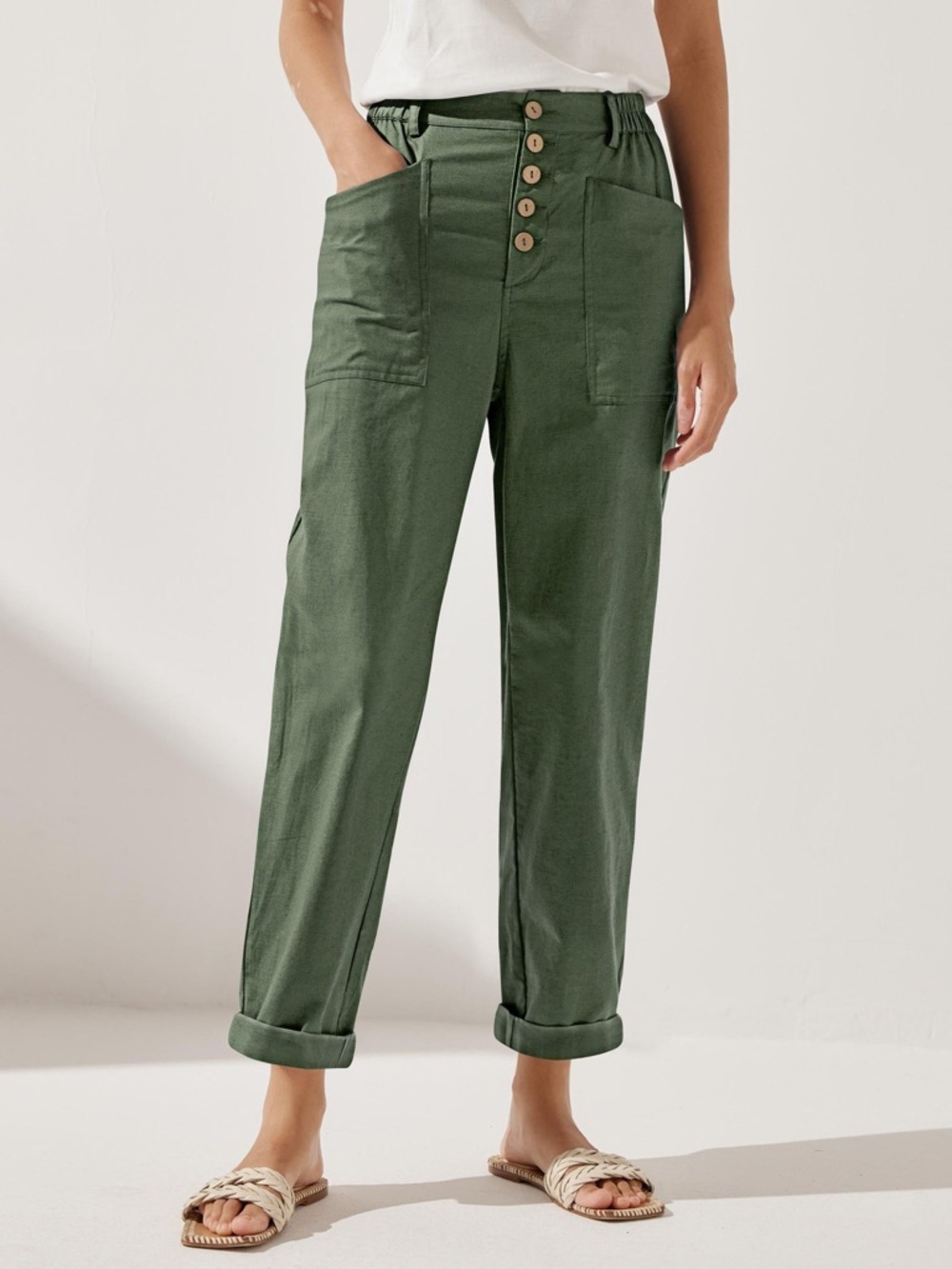 LINTICO Linen Simple Button Fly Trousers HEIDI in Forest Green size M